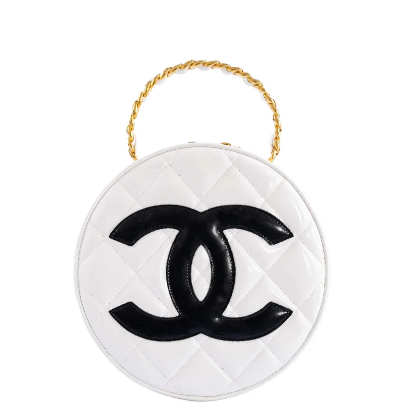 Chanel Luxury Handbag for High - End EventsChanel Round CC Vanity White and Black Patent Leather Gold Hardware