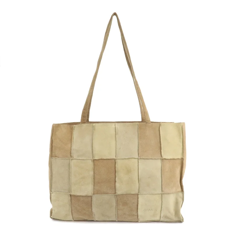 Chanel Designer Handbag with Unique DesignCHANEL Suede Patchwork Shoulder Bag Tote Bag Beige Brown