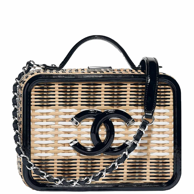 Chanel Small Crossbody Bag for TravelChanel Vanity Case Black, Beige & White Rattan, Patent Calfskin & Silver-Tone Metal