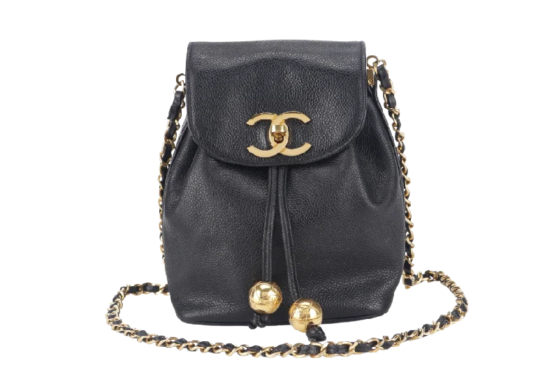 Chanel Black Handbag for Business MeetingsCHANEL VINTAGE BLACK CAVIAR MINI SLING BUCKET BAG WITH FLAP GOLD HARDWARE NO CARD, NO DUST COVER