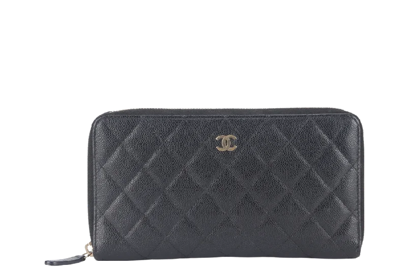 Chanel All - Match Handbag for Versatile StylingCHANEL ZIP AROUND WALLET (2450xxxx) BLACK CAVIAR LEATHER GOLD HARDWARE WITH CARD AND BOX