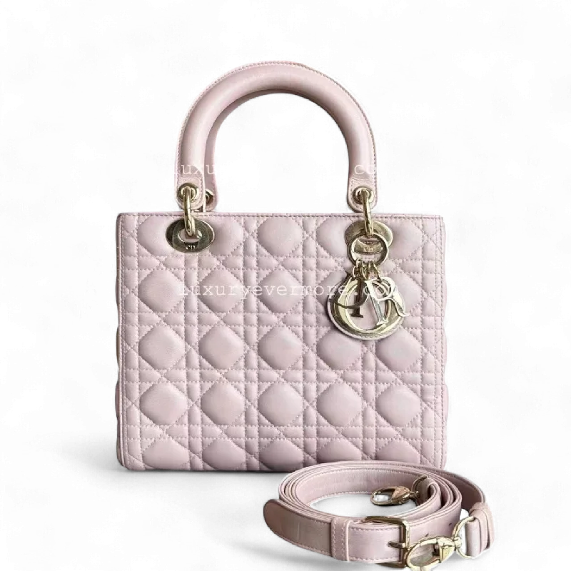 Luxury Christian Dior crossbody bags with a chain - link strap*Adjustable Strap* Dior Lady Medium - Iridescent Cannage Lambskin Light Pink Golden Hardware