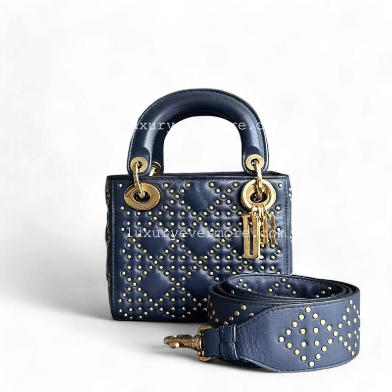 High - fashion Christian Dior bags with a geometric patternDior Lady Mini - Studded Calfskin Dark Blue Golden Hardware