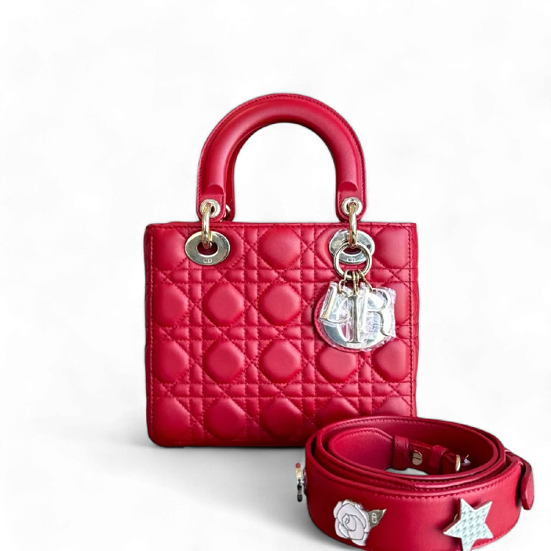 Contemporary Christian Dior handbags with a unique shapeDior Lady Small Cannage Lambskin Red Golden Hardware