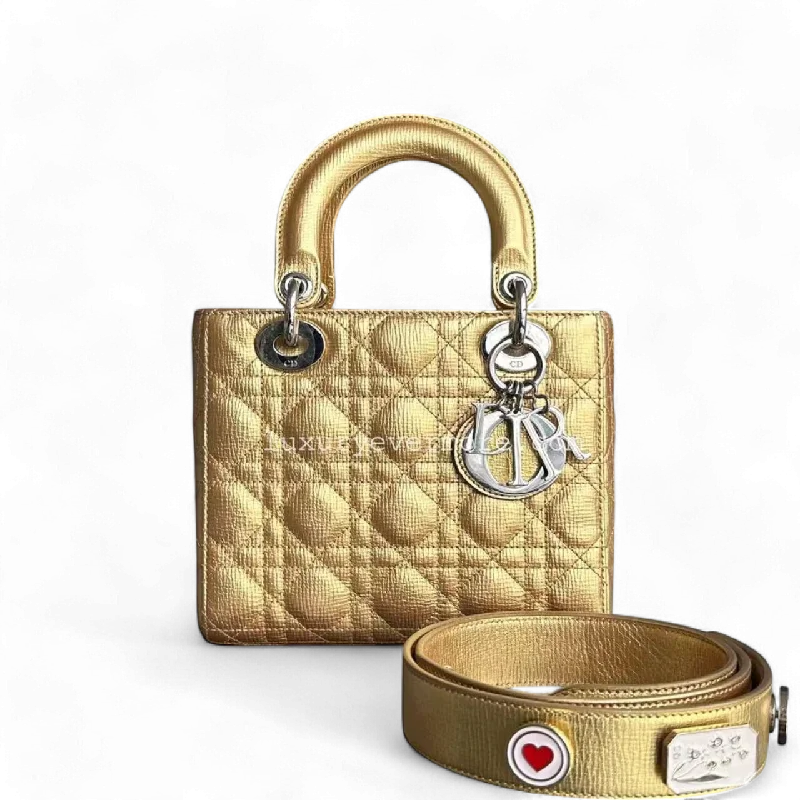 Christian Dior Saddle bags with a studded trim for a bold lookDior Lady Small - Metallic Gold Cannage Calfskin Silver Hardware