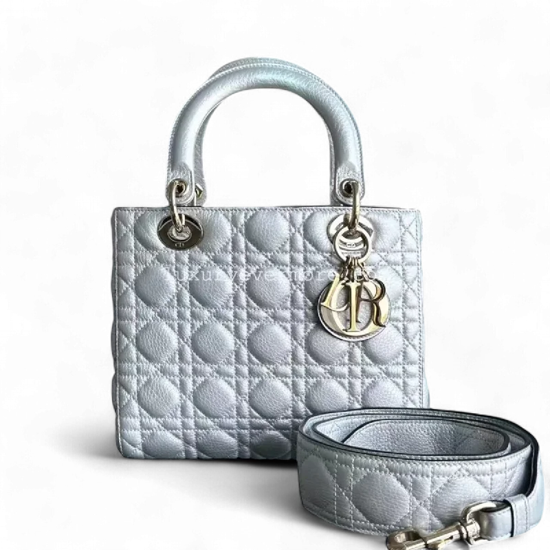 Christian Dior handbags with a snap - button closure and a decorative buckle*Flap Open* Dior Lady Medium - Grained Calfskin Metallic Silver Golden Hardware