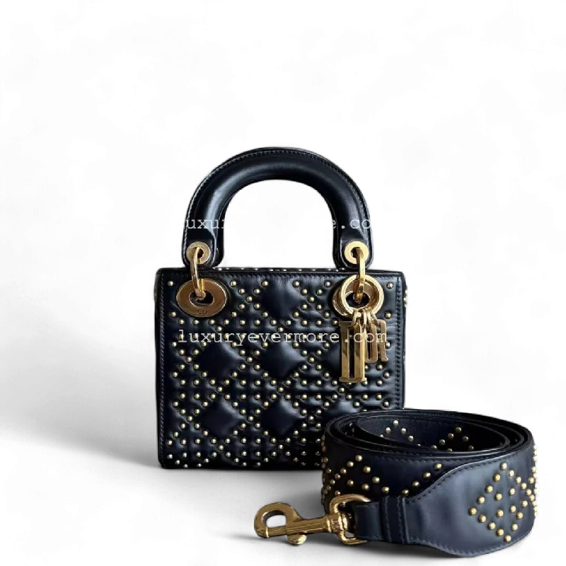 Christian Dior handbags with a detachable mirror for on - the - go touch - upsDior Lady Mini Quilted Studded Lambskin Black Golden Hardware