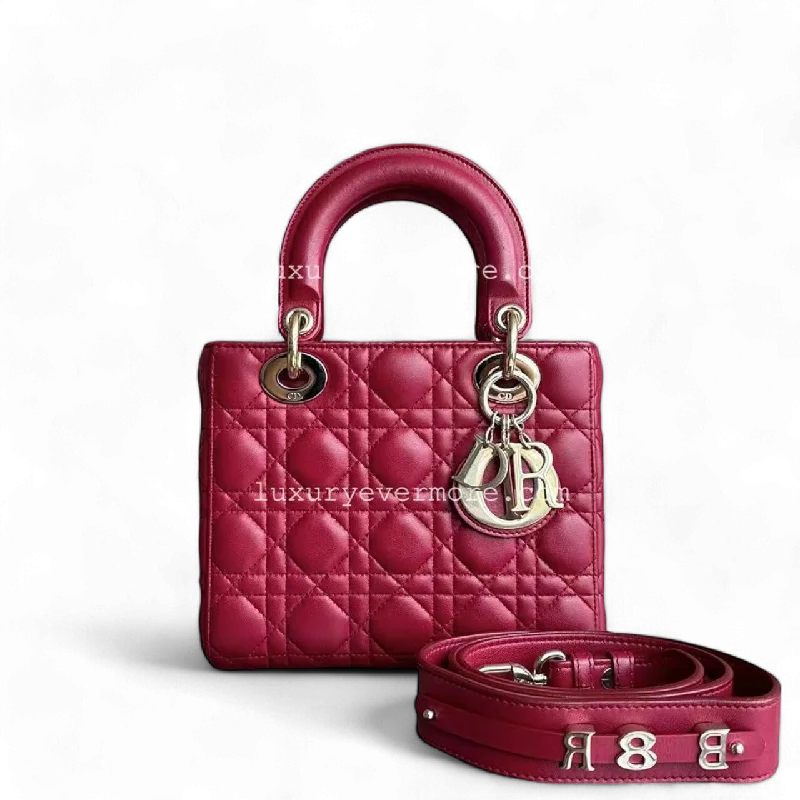 Christian Dior handbags with a snap - button closure and a decorative buckleDior Lady Small ABC MyABC Cannage Lambskin Burgundy Red Golden Hardware