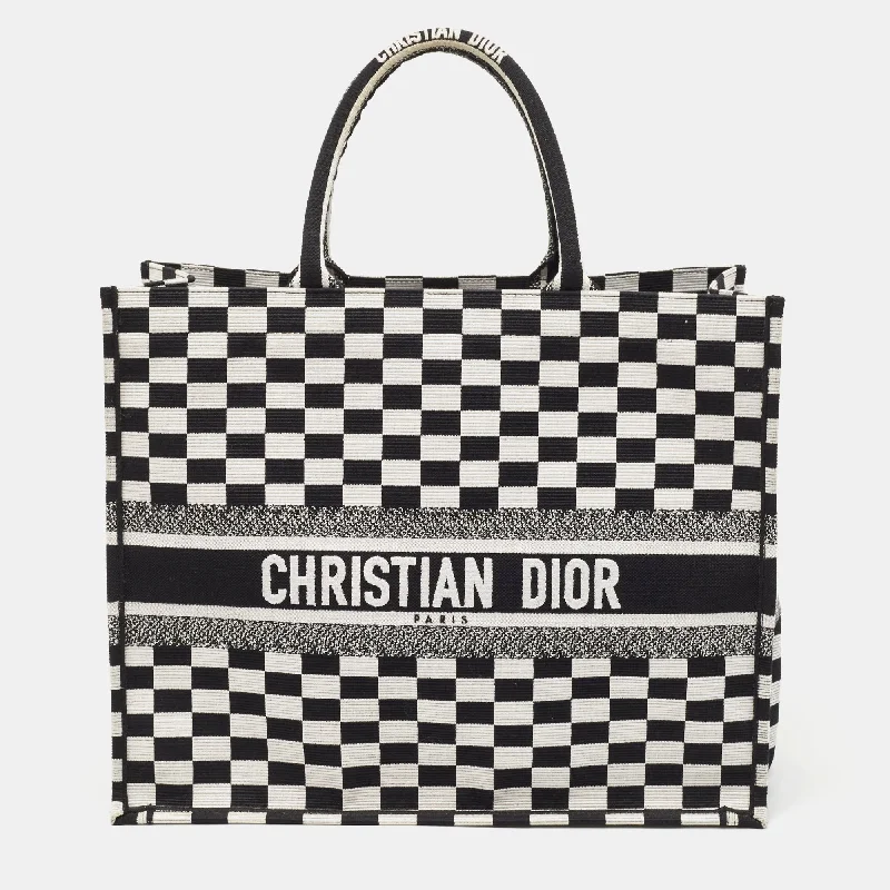 Christian Dior tote bags with a double - handle and shoulder - strap optionDIOR Black/White Checkered Embroidered Canvas Large Book Tote