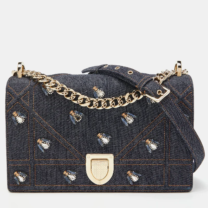 Luxury Christian Dior crossbody bags with a chain - link strapDIOR Blue Denim Medium Crystal Embellished ama Shoulder Bag