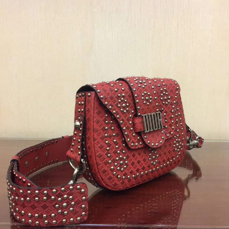 High - fashion Christian Dior bags with a geometric patternDior D-Fence Saddle Bag In Red Studded Calfskin