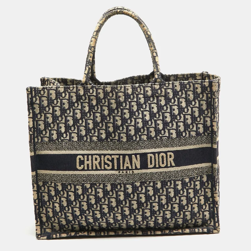 Stylish Christian Dior shoulder bags with a tassel - adorned zipperDIOR Navy Blue Oblique Embroidered Canvas Large Book Tote