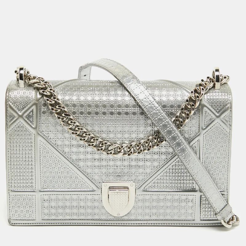 Stylish Christian Dior shoulder bags with a tassel - adorned zipperDIOR Silver Microcannage Patent Leather Medium ama Flap Shoulder Bag